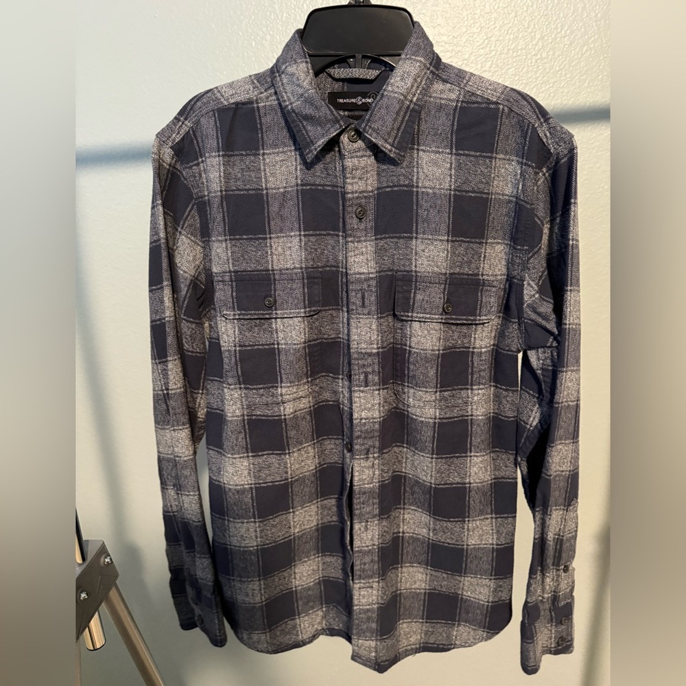 Treasure & Bond Navy and Gray Plaid Flannel Shirt